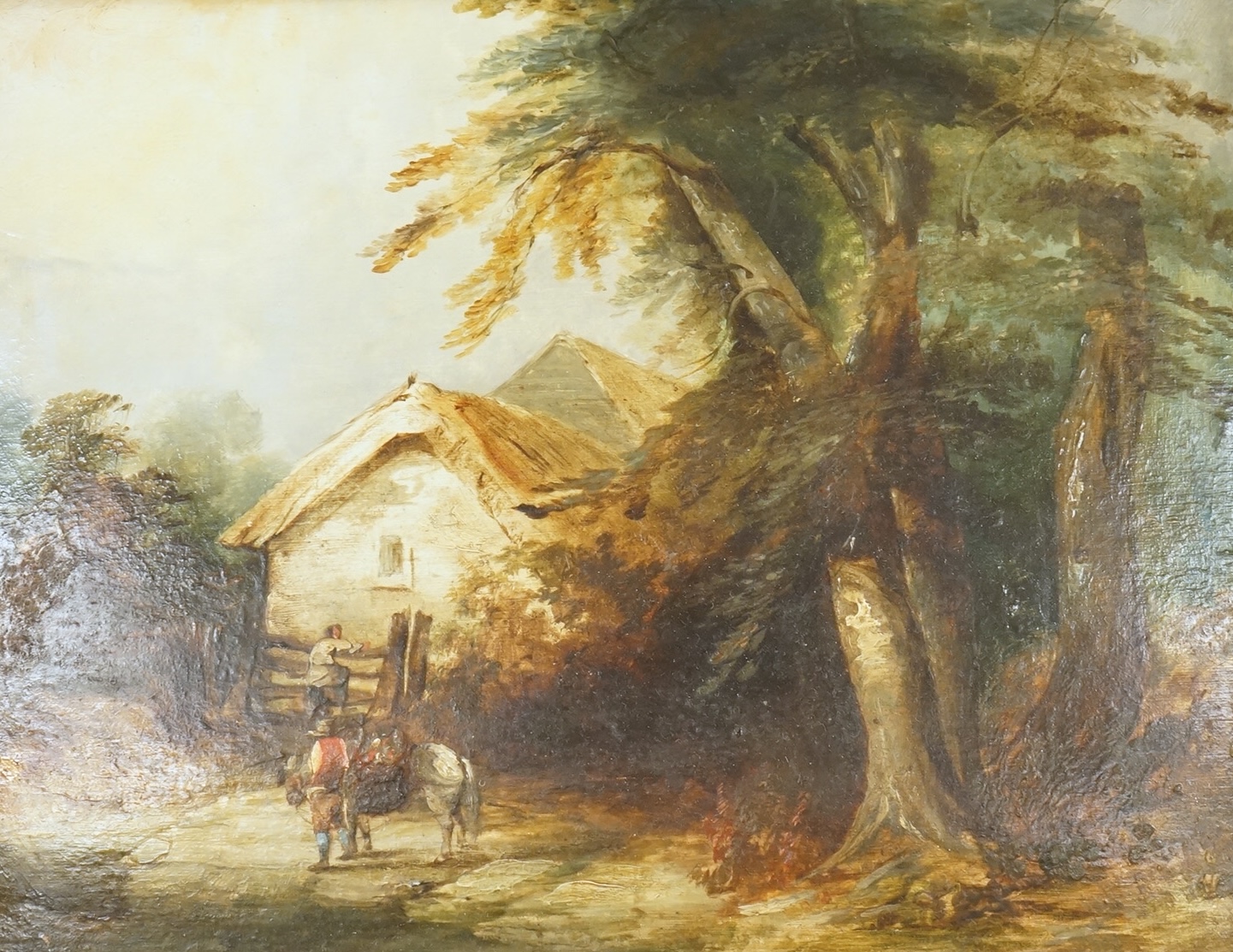 Edwin Hayes (1819-1904), Pastoral landscape with figure and horse before a cottage, signed, indistinctly dated 1844?, 22 x 29cm, applied plaque to the ornate gilt frame, oil on board